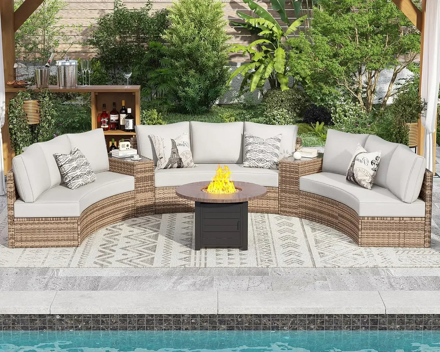 11 Piece Half-Moon Sectional Round Patio Furniture Set with Large Storage Wedge
