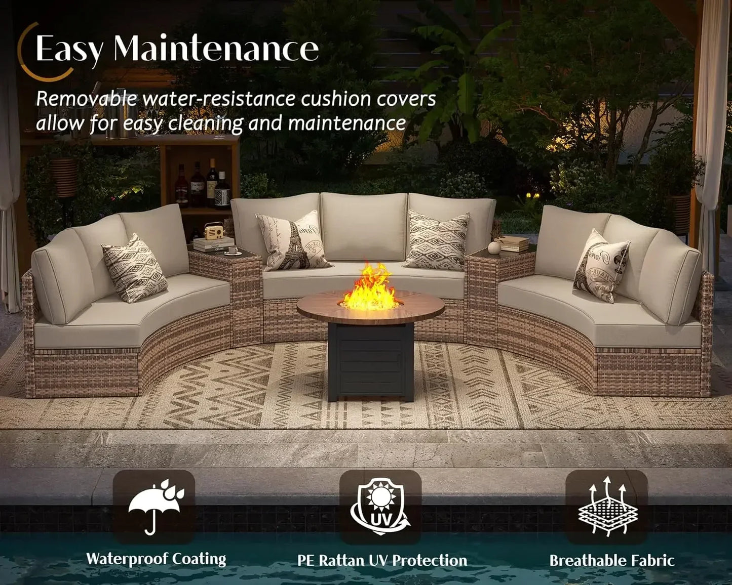 11 Piece Half-Moon Sectional Round Patio Furniture Set with Large Storage Wedge