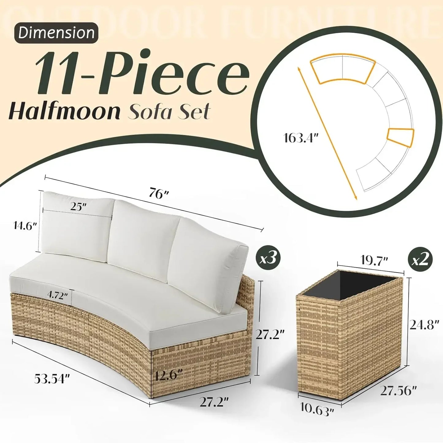 11 Piece Half-Moon Sectional Round Patio Furniture Set with Large Storage Wedge