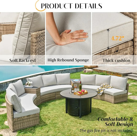 11 Piece Half-Moon Sectional Round Patio Furniture Set with Large Storage Wedge