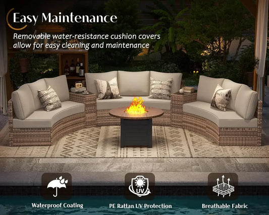 11 Piece Half-Moon Sectional Round Patio Furniture Set with Large Storage Wedge